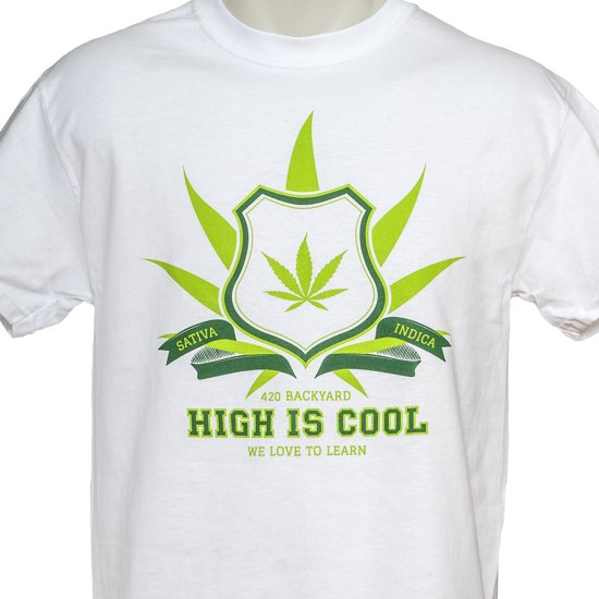420Backyard- T-Shirt - High is cool. University (white) Click image to close